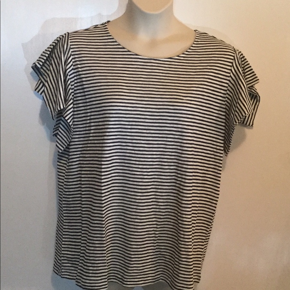 Melloday Striped Flutter Sleeve Navy/White Tee 3X